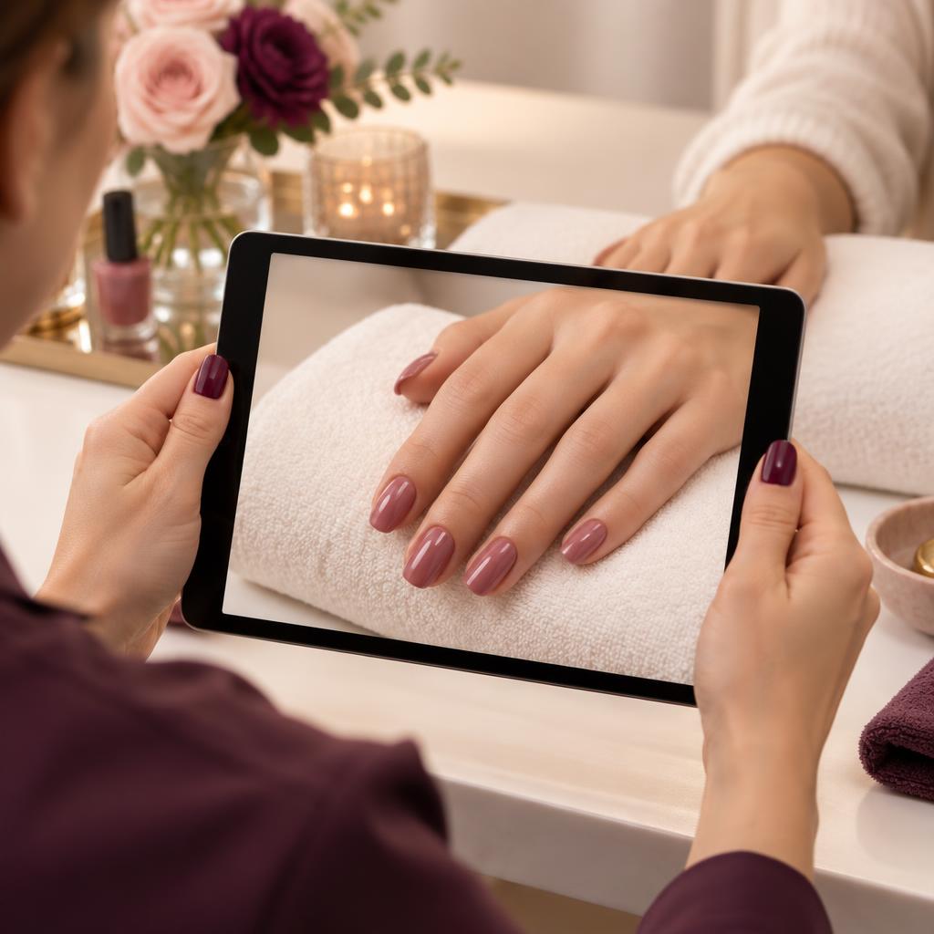 A technician capturing a client's fresh manicure on a tablet